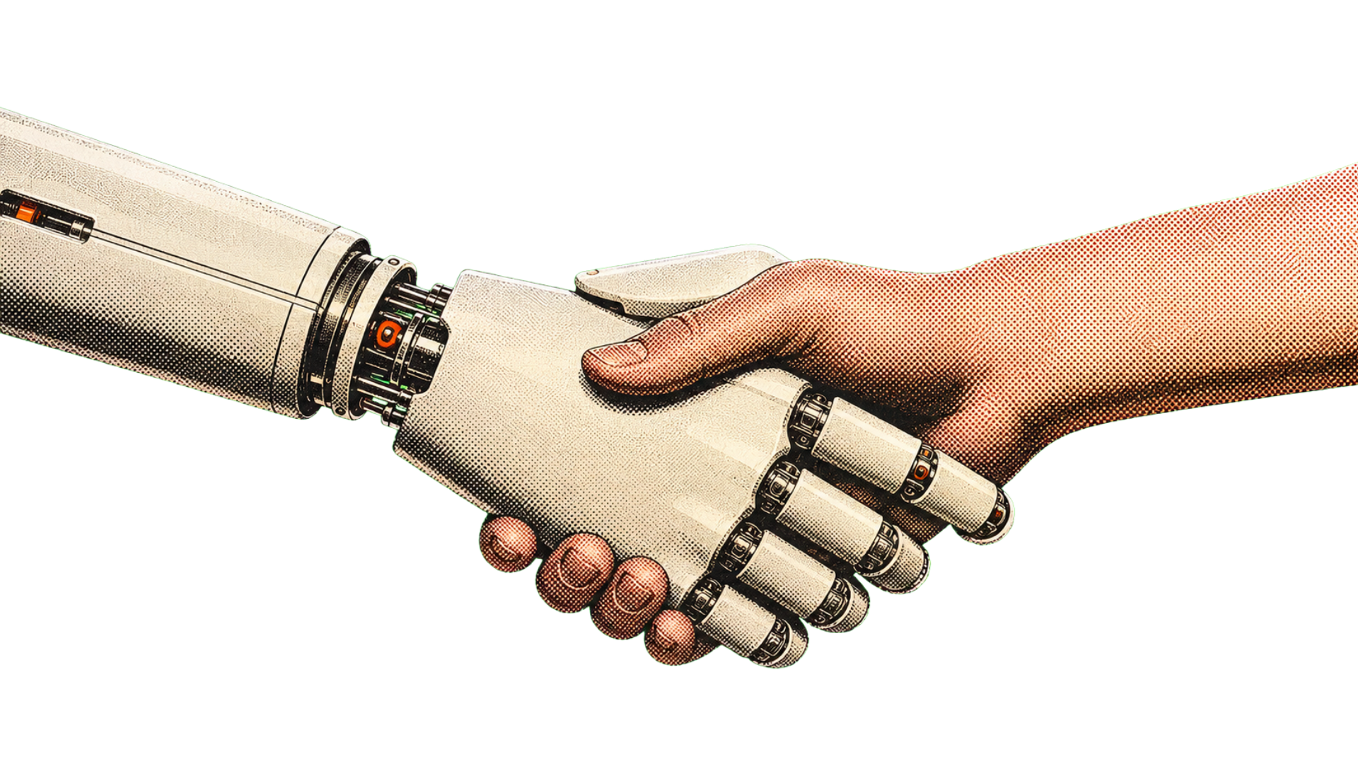 A human hand and an AI hand shaking — human direction meets machine execution
